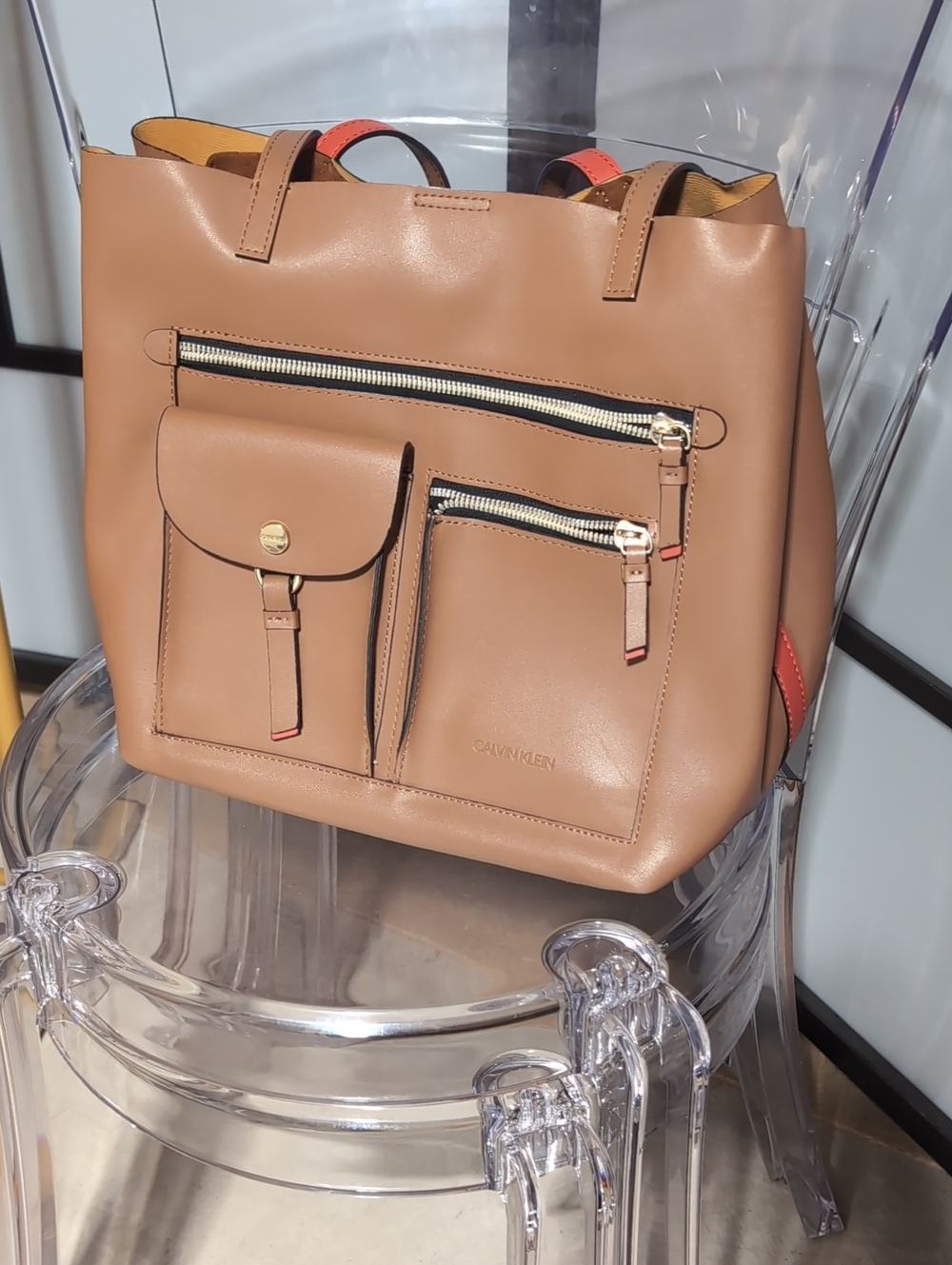Calvin Klein Brown Leather Tote with Red Trim